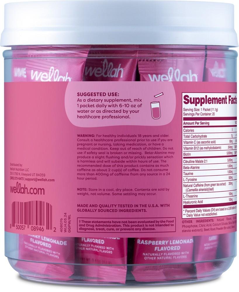 Wellah Get-Going Raspberry Lemonade Flavored Pre-Workout Stickpacks -20 servings