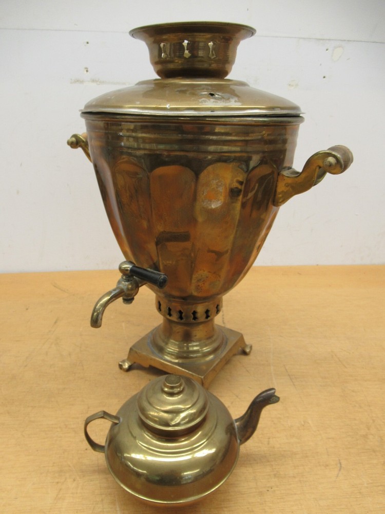 Antique signed Middle Eastern Brass Samovar urn with kettle