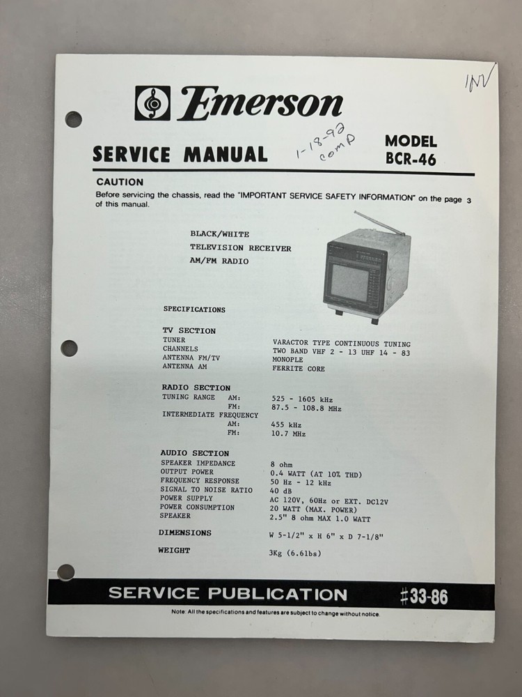 Emerson BCR-46 Original Service Manual Free Shipping