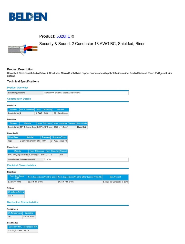 Belden Wire 5320FE 18/2C Solid Shielded Control/Audio Cable Riser CMR Gray /50ft