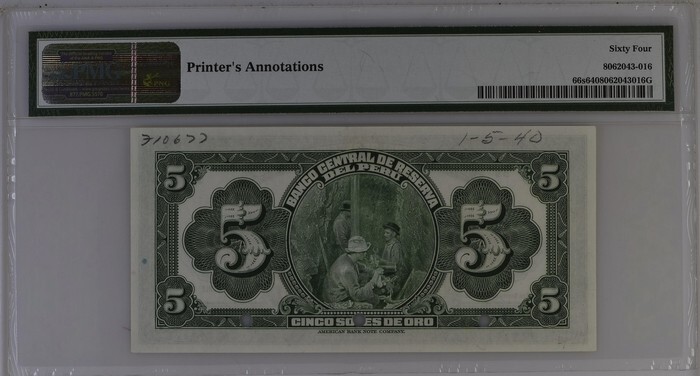 Peru 5 Soles 1939 P66s UNC - Specimen / PMG 64