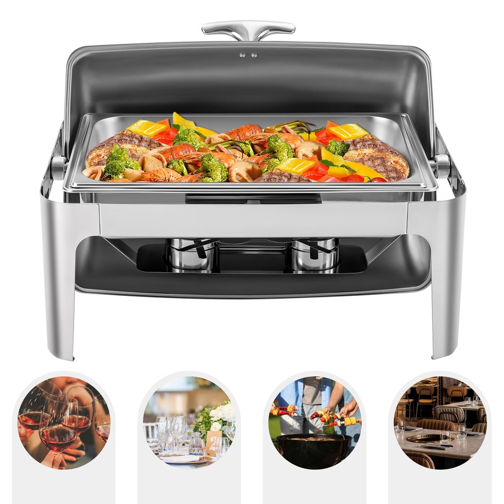 9.5QT Stainless Steel Rectangular Roll Top Chafing Dish Buffet Set Pan Chafer US