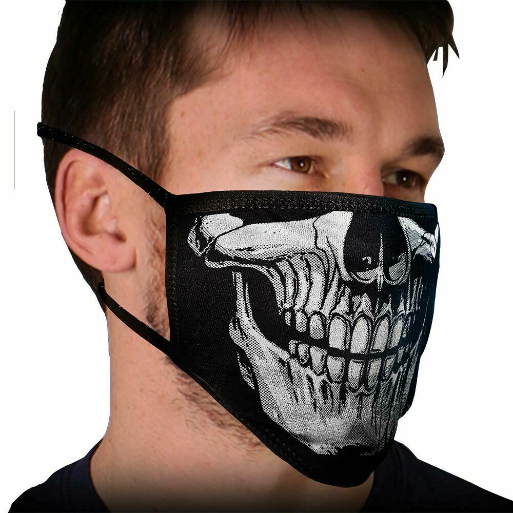 Protective Face Mask - Skeleton Face - Soft Cotton - With Tie Back  - BLACK