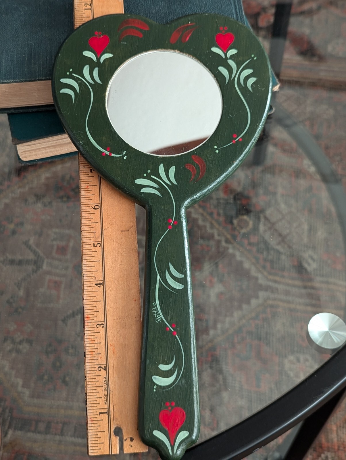 Vtg Hand Mirror Vanity Folk Art Handmade Home Green Wood Tole Painted Floral