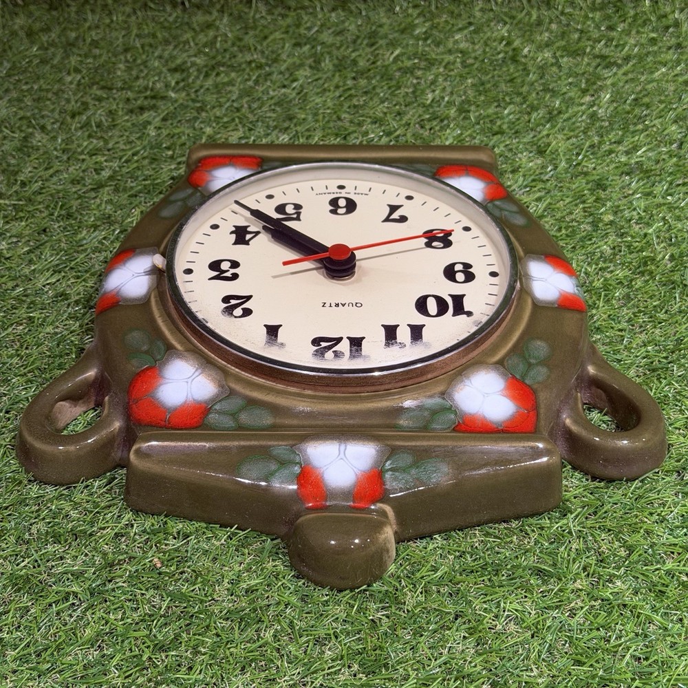 Vintage German Wall Clock Lidded Flowered Pot Ceramic / Working