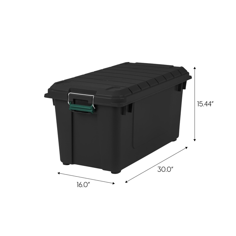 82 Qt. Black WeatherPro Plastic Storage Tote Stackable Water-Resistant Lockable