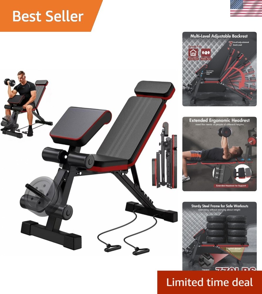 Foldable Incline/Decline Adjustable Bench with Extended Headrest & Leg Extension