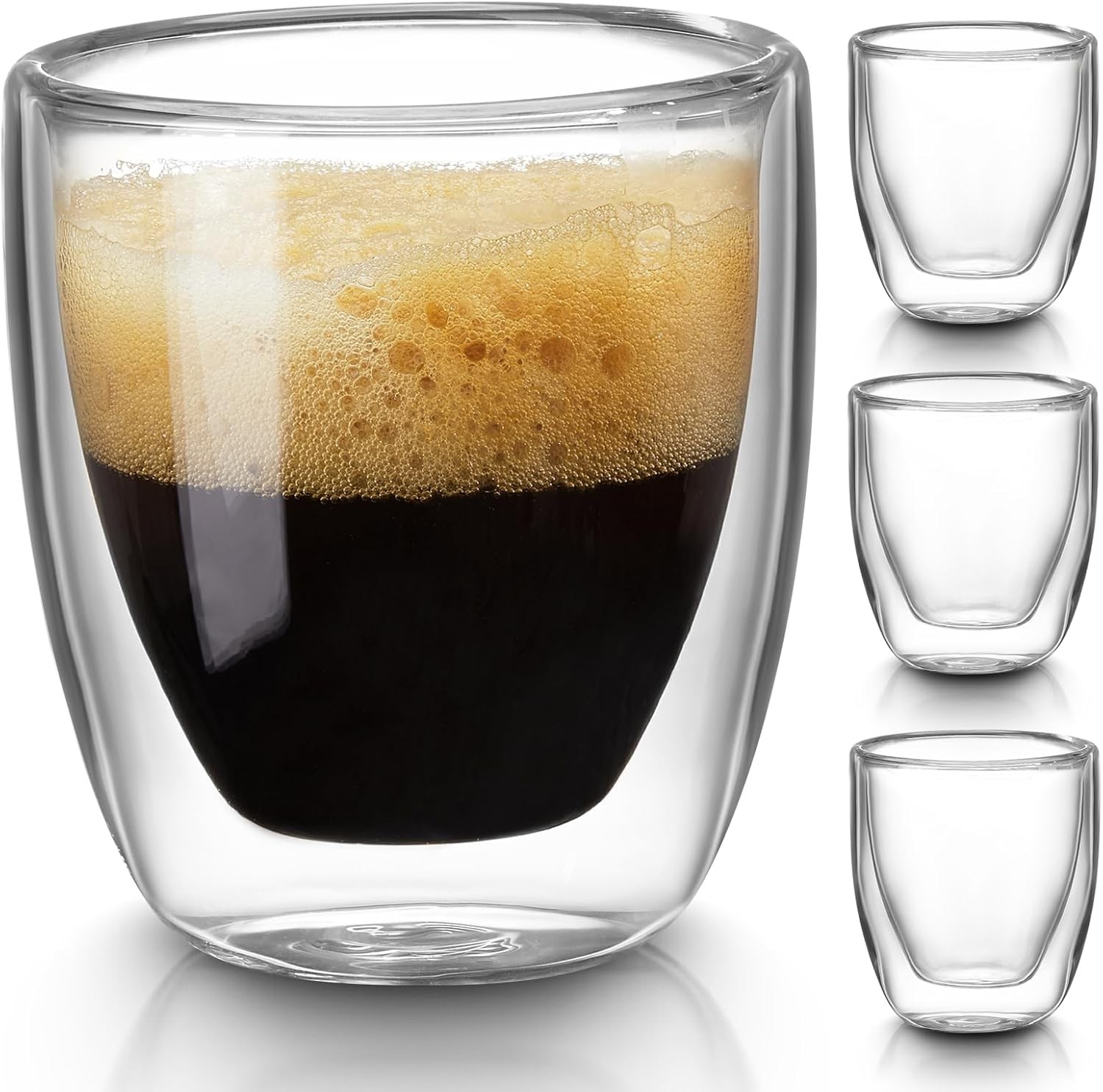 Double Walled Espresso Cups Set of 4 (50% Thicker), 3 Ounce Clear Expresso Coffe