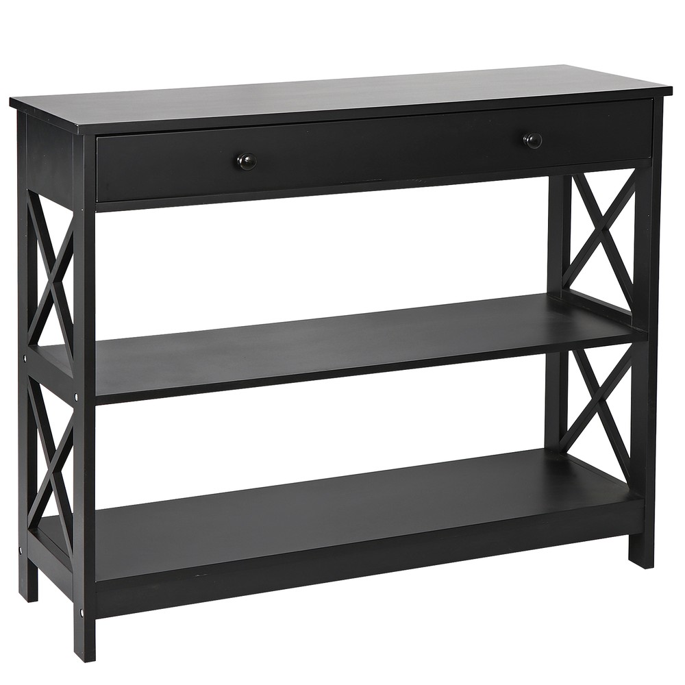 3 Tier Wood Console Table Entryway Table Narrow Sofa Side Table w/Drawer Black
