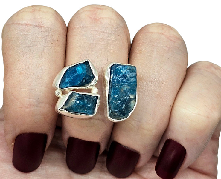 Raw Blue Apatite Ring, Three Stone Ring, Size 9 1/2, Sterling Silver, Raw Gems