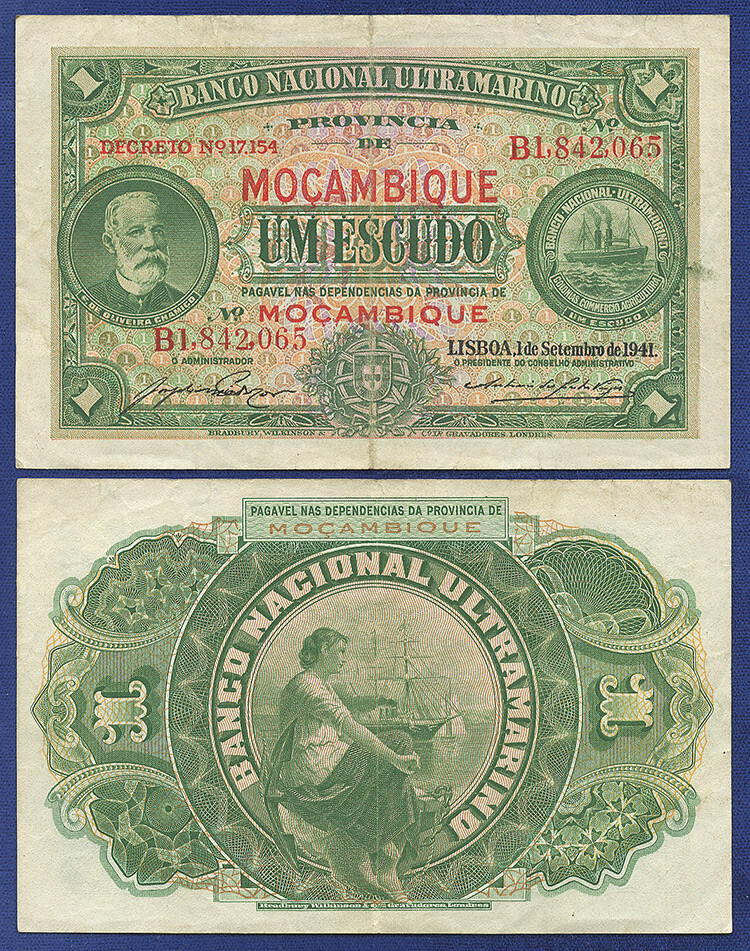 MOZAMBIQUE 1 ESCUDO 1941 NICE VERY FINE NOTE