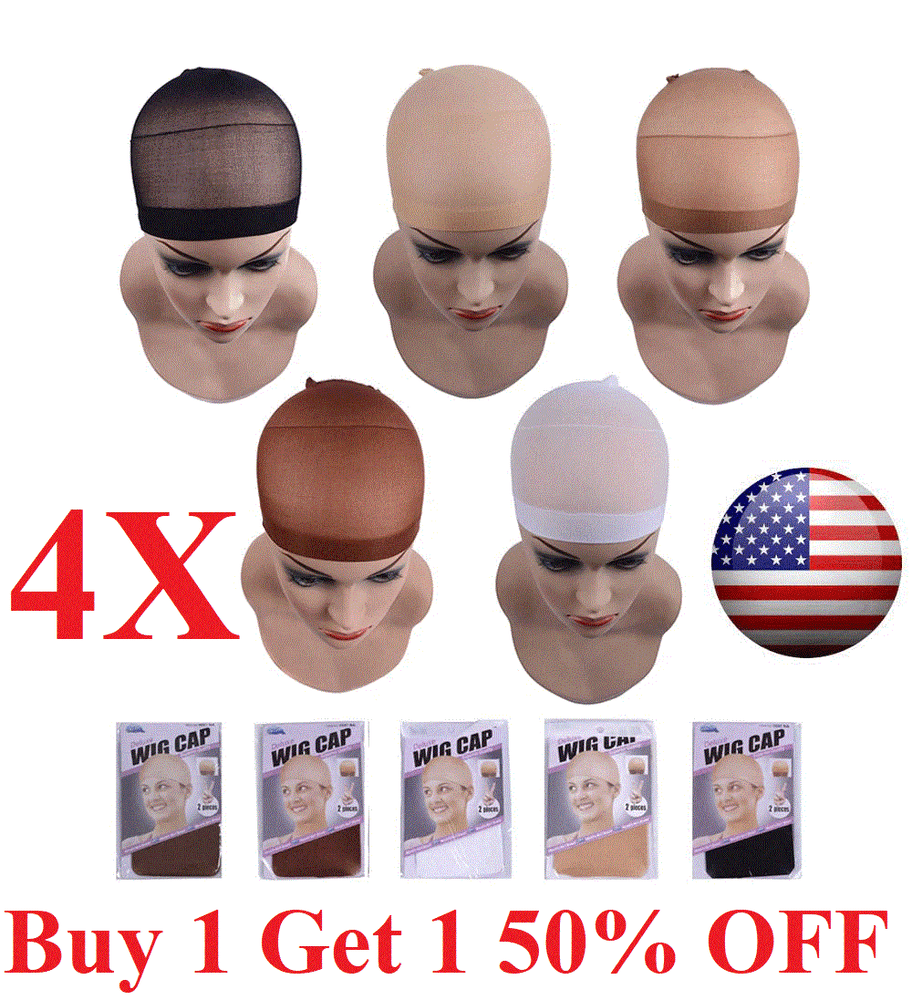 4 PCS Wig Cap Liner Stocking Cap Nylon Stretch Black brown Beige