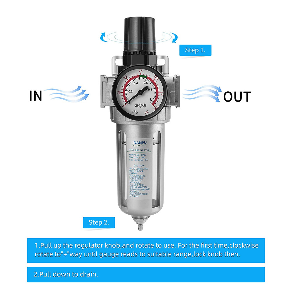 1/4" NPT Compressed Air Filter Regulator Combo, Air Filter Pressure Regulator