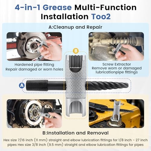 2 Pcs Grease Fitting Tool, 4-in-1 Grease Zerk Fitting Tool, Grease Zerk Tool