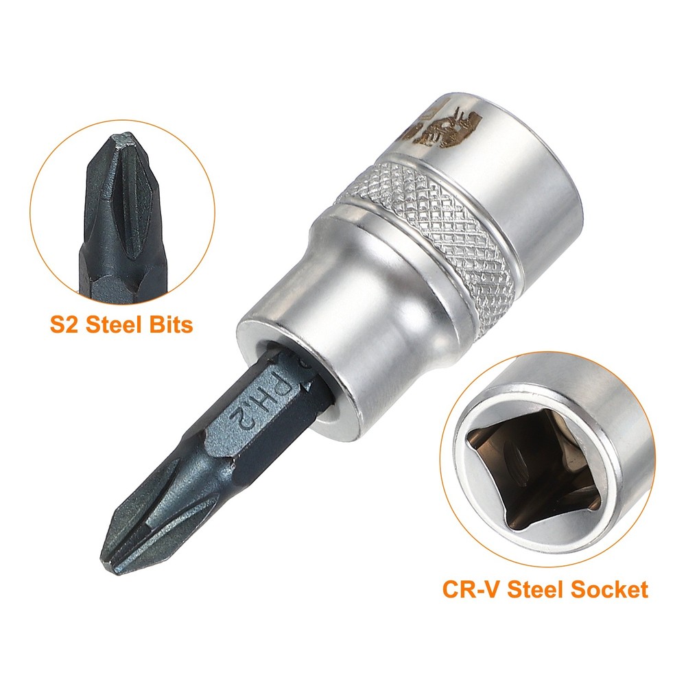 3Pcs Phillips Bit Socket PH2 3/8" Drive 1.97" Length S2 Steel Bit CR-V Socket
