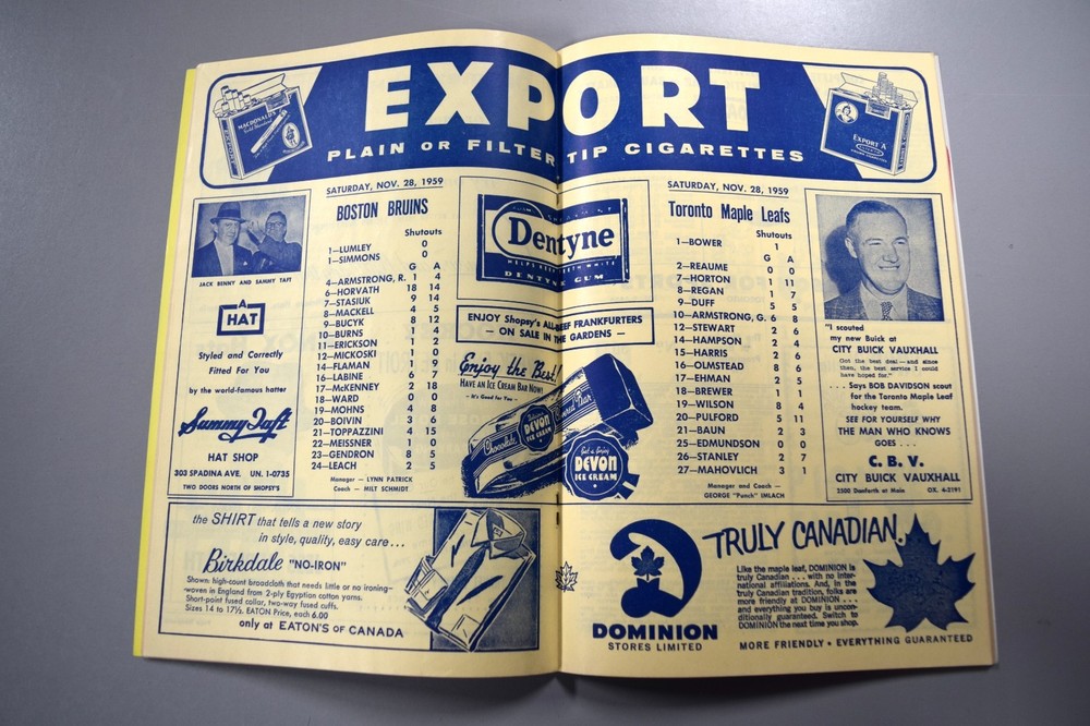 Toronto Maple Leafs Vs Boston Bruins November 28th 1959 Official Game Program