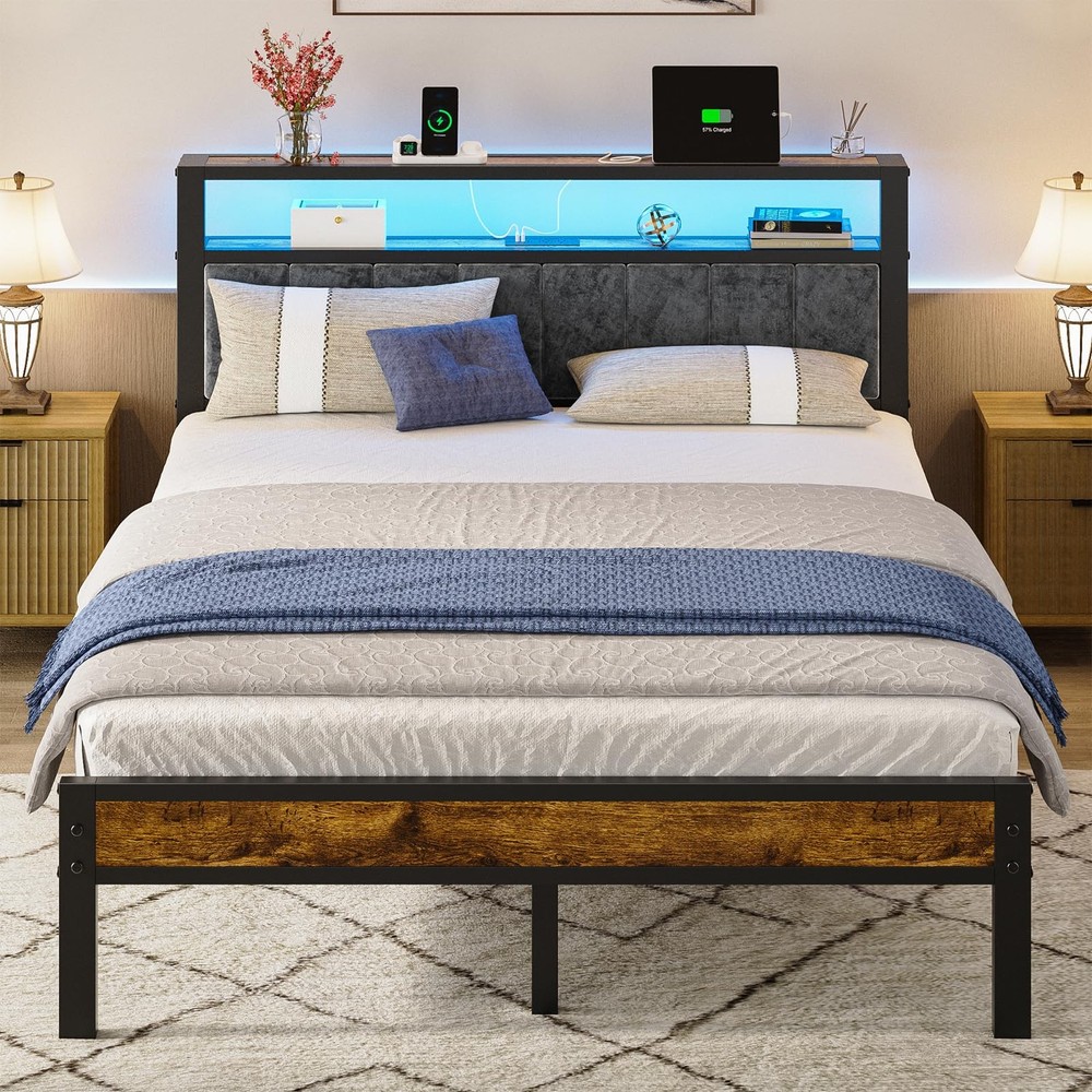 Queen Size Bed Frame with 2-Tier Storage Shelves Headboard, Platform Bed with...