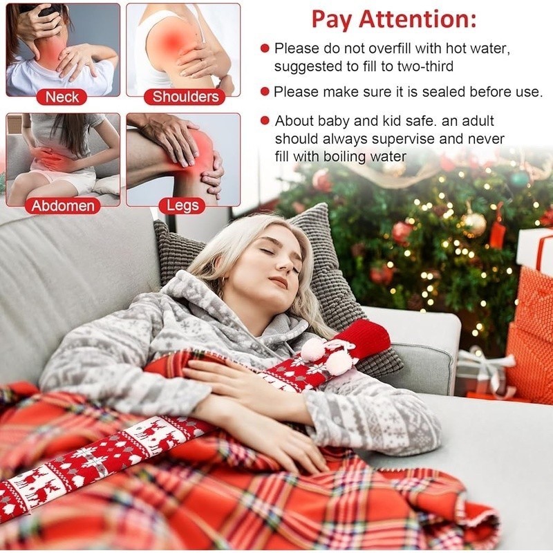 4 Pack Hot Water Bottle w/ Soft Cover, 2 Liter, Long, Natural Rubber, Christmas