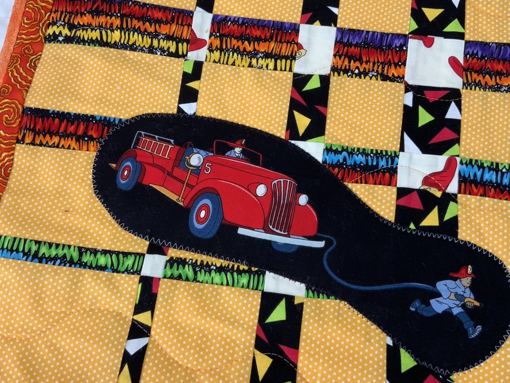 Patchwork Quilt Wall Hanging, Rectangles, Contemporary Prints, Fire Trucks