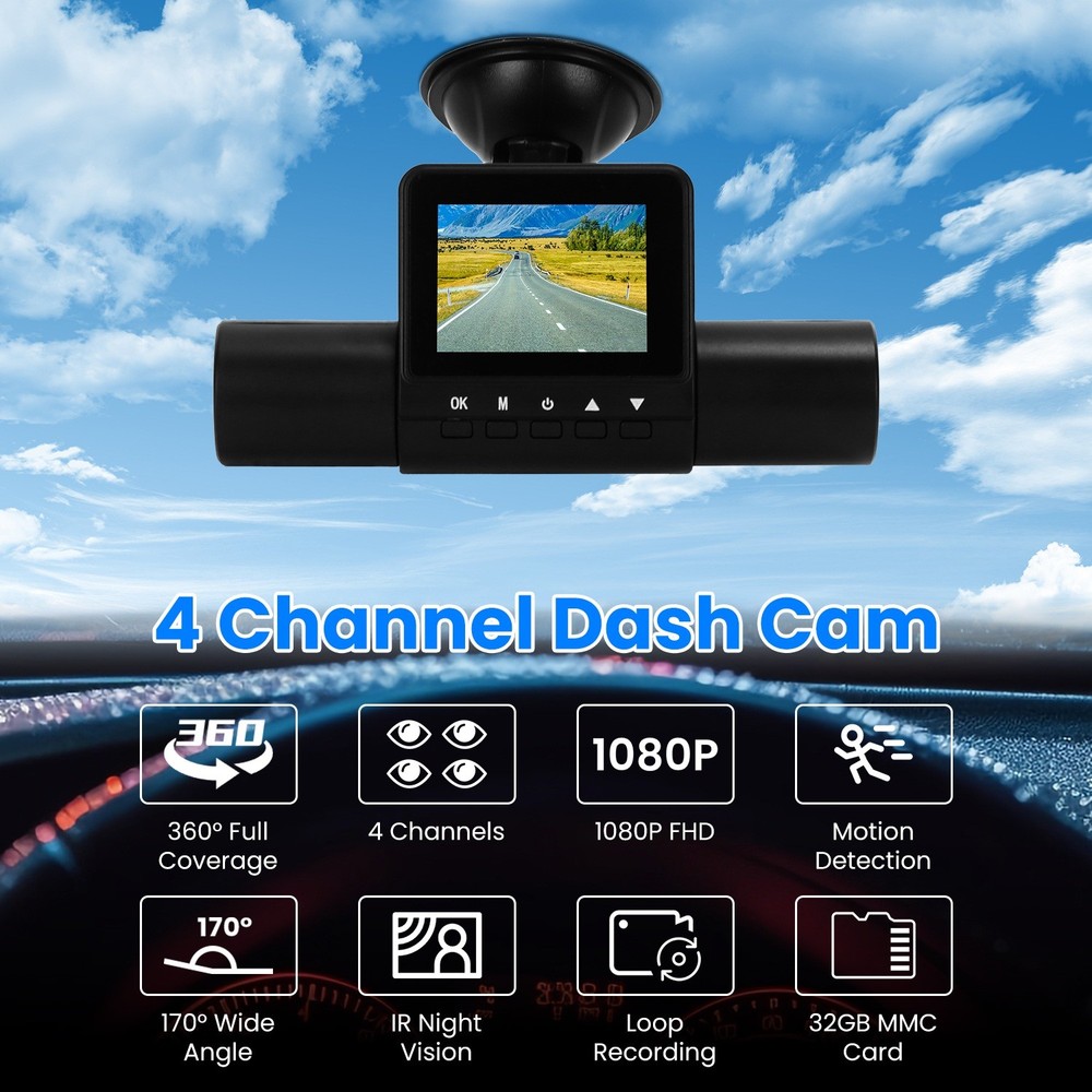 1080P Front And 480P Rear 4 Channel Dash Camera With Loop Recording Features