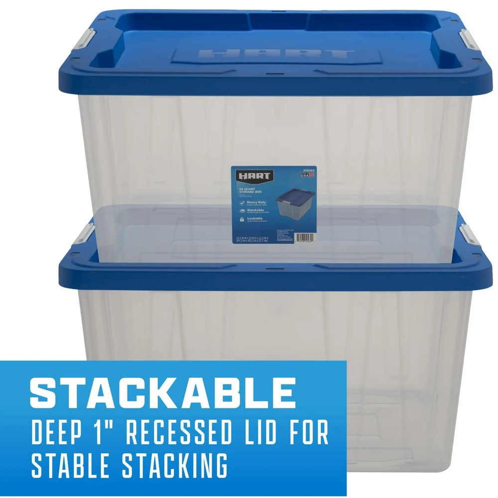 HART 68 Quart Clear Latching Plastic Storage Bin Container, Clear with Blue Lid,