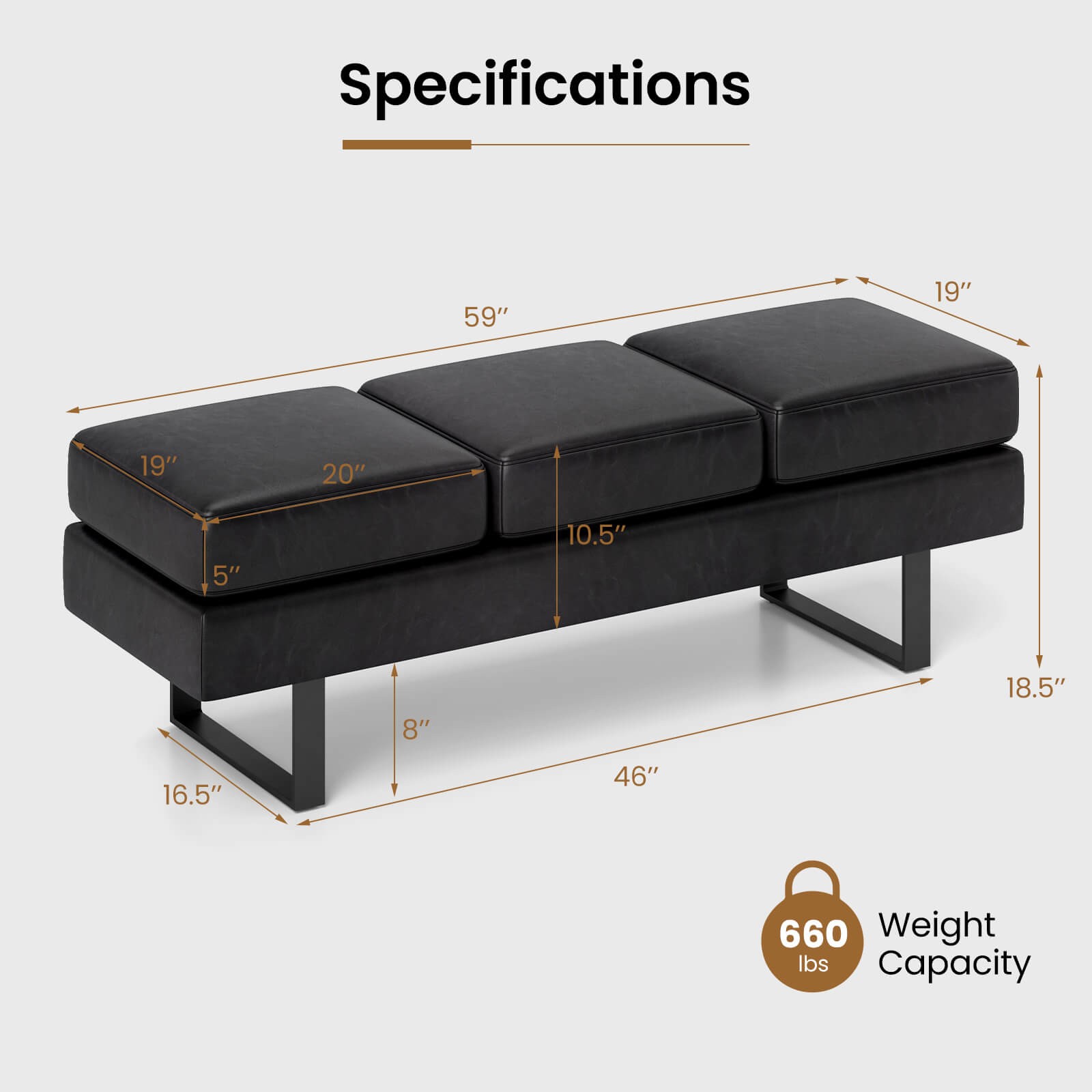Waiting Room Bench Seating w/ Metal Frame Leg Upholstered Reception Bench