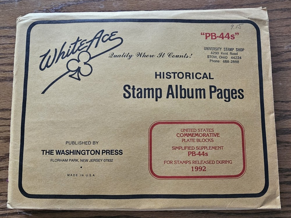 White Ace Stamp Supplement PB-44S for 1992 Commemorative Plate Blocks NOS