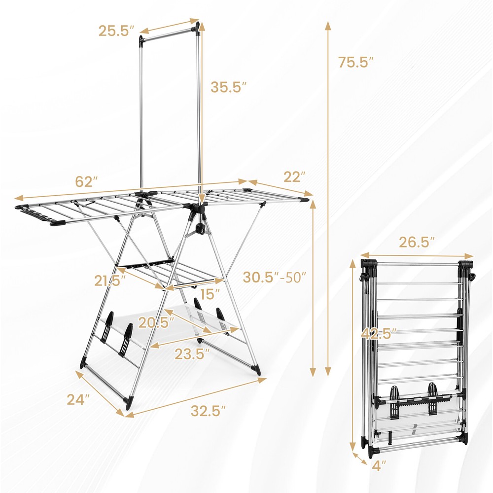 2-Layer Aluminum Foldable Drying Rack w/ Hanging Bar & 2 Height-adjustable Wings