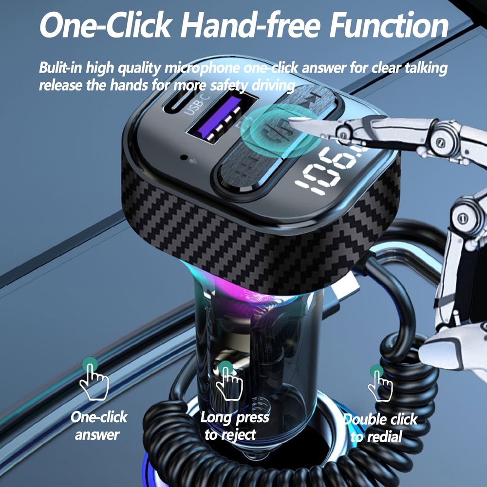 Bluetooth 5.3 FM Transmitter for Car, Car Adapter with Cable-Black