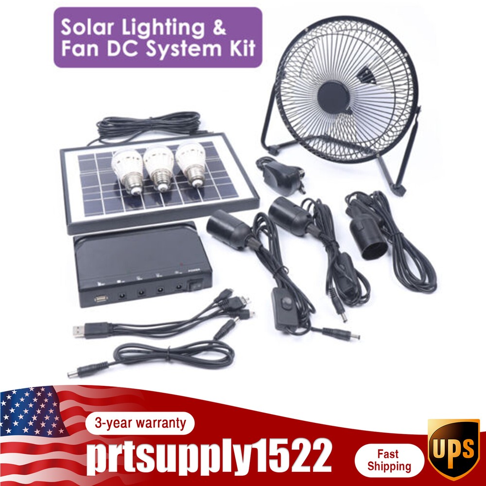 Solar Power Panel Kit Outdoor Camping USB Charging System W/ LED Light & 8" Fan