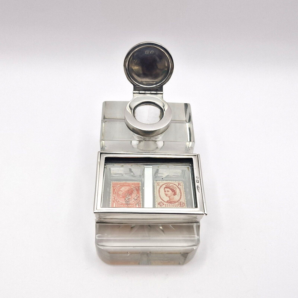 Antique Edwardian Solid Silver Mounted Glass Inkwell, Stamp Box & Pen Rest