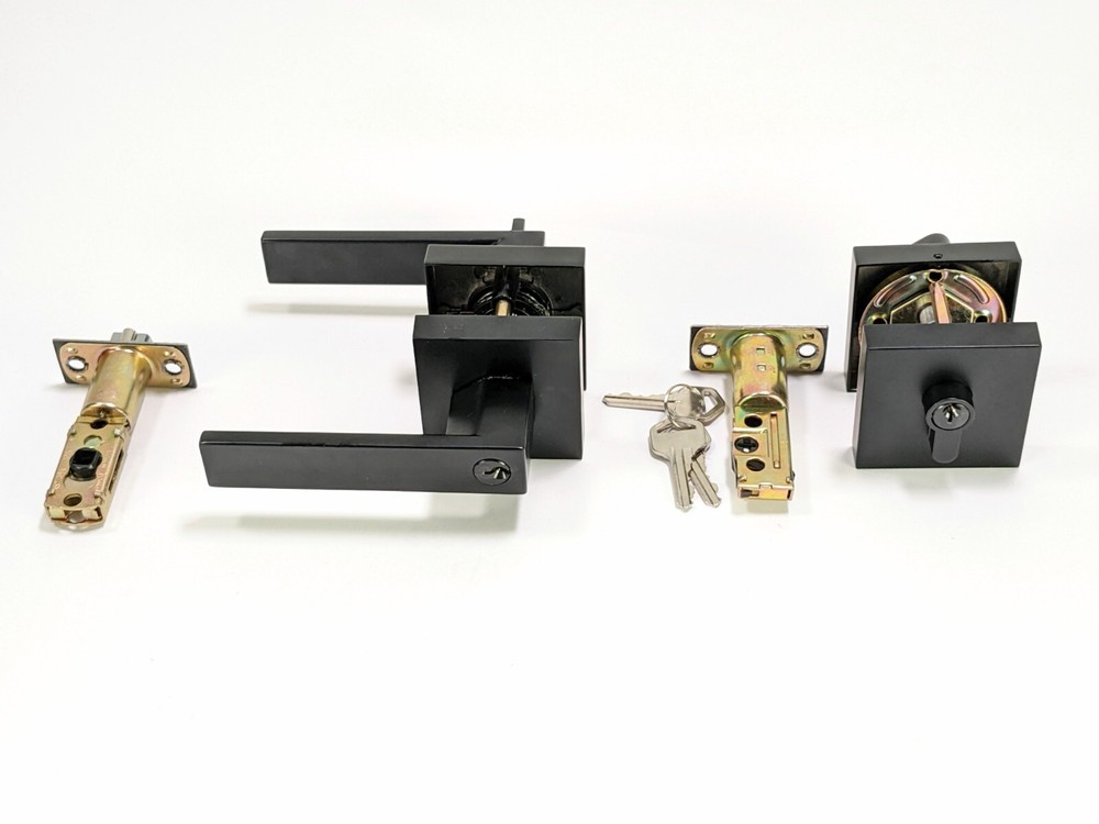 10 Pack Square Keyed Entry Levers & Single Cylinder Deadbolt Combo Flat Black