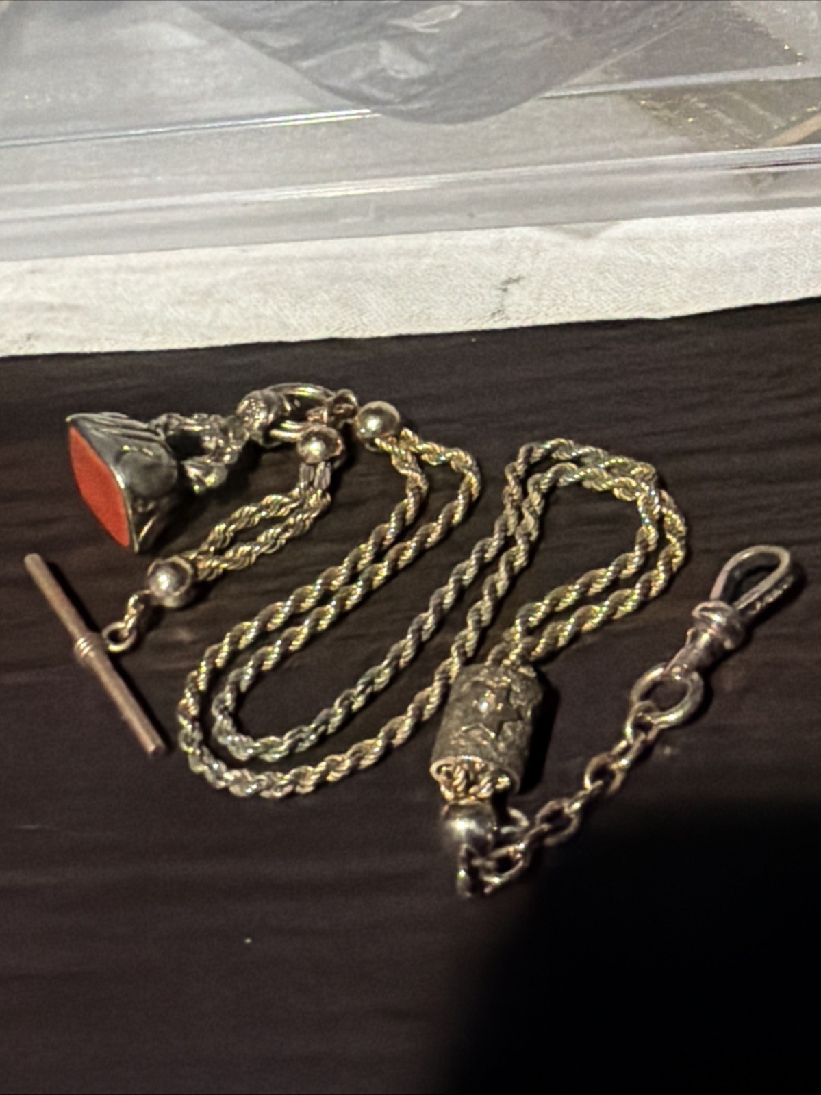 Victorian RFS Gold Tone Rope Link Watch Slider Chain Old Carnelian Fob 14k Tbar