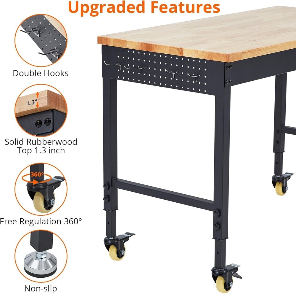Adjustable 60"x22" Workbench &Power Strip,Workstation Rubber Wood Table,2000Lbs