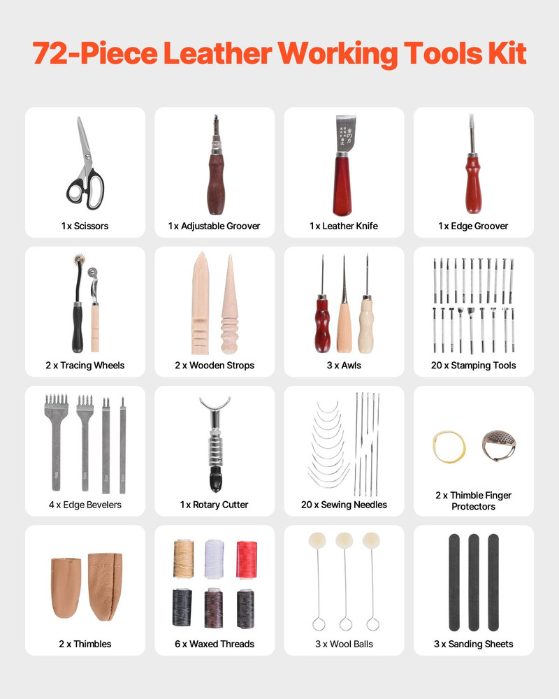 Leather Working Tools Kit 72 PCS Engraving Punching Stamping Sewing Tools
