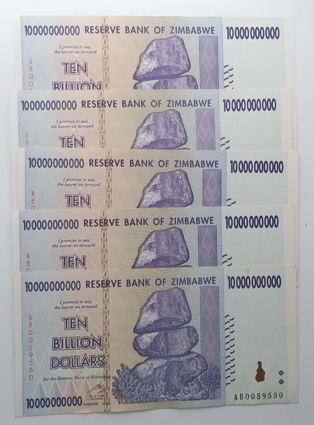 5x Zimbabwe 10 Billion Dollar Banknotes 2008 Hyperinflation