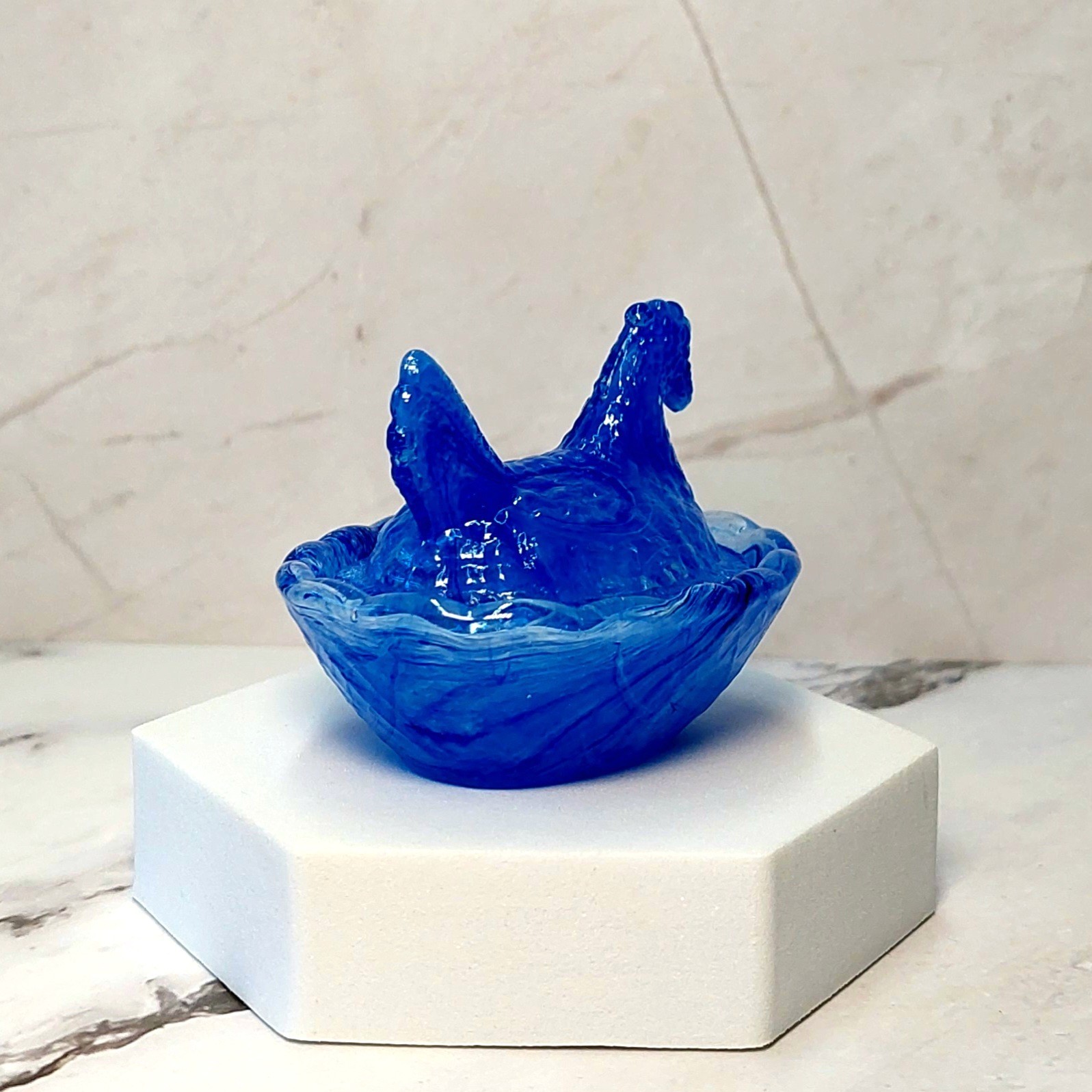 Blue Cream Swirl Hen on Nest Chicken Salt Dish, Depression Style Glass, Kitchen
