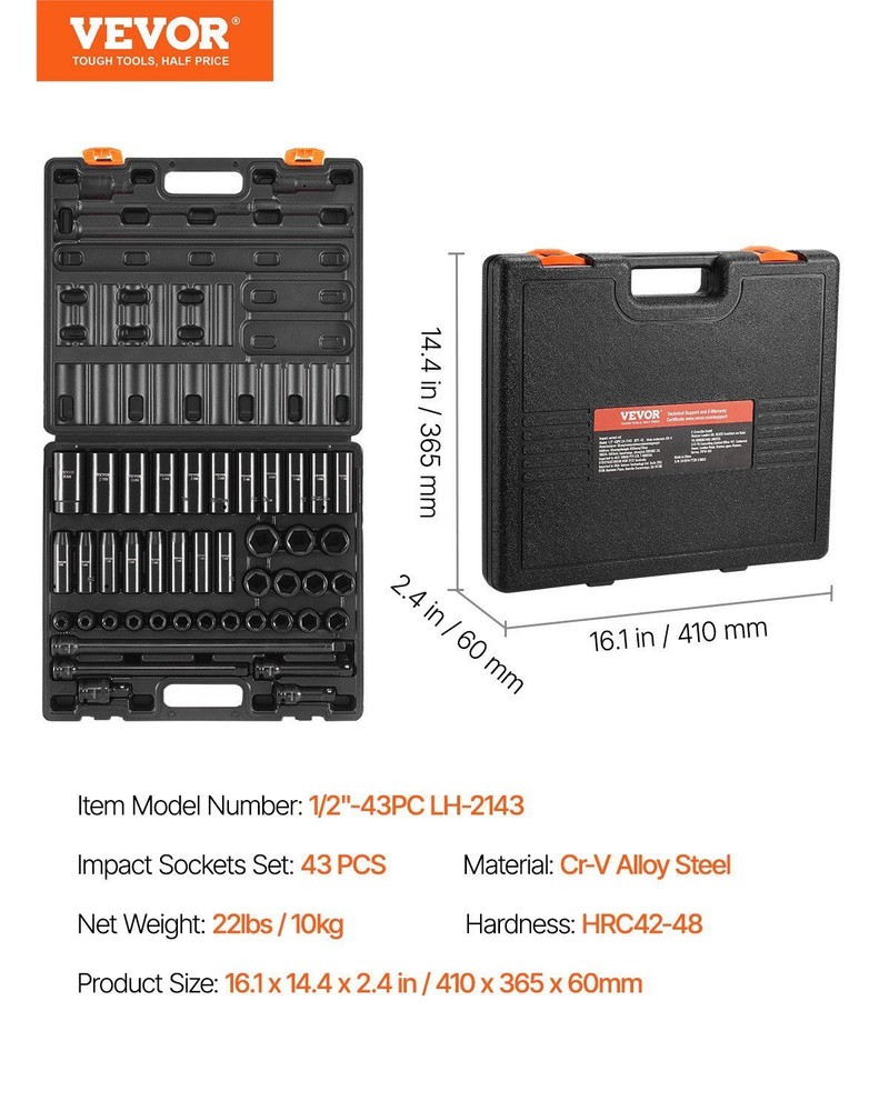 Impact Socket Set 1/2 In 43 Piece Impact Sockets, Standard Socket Assortment