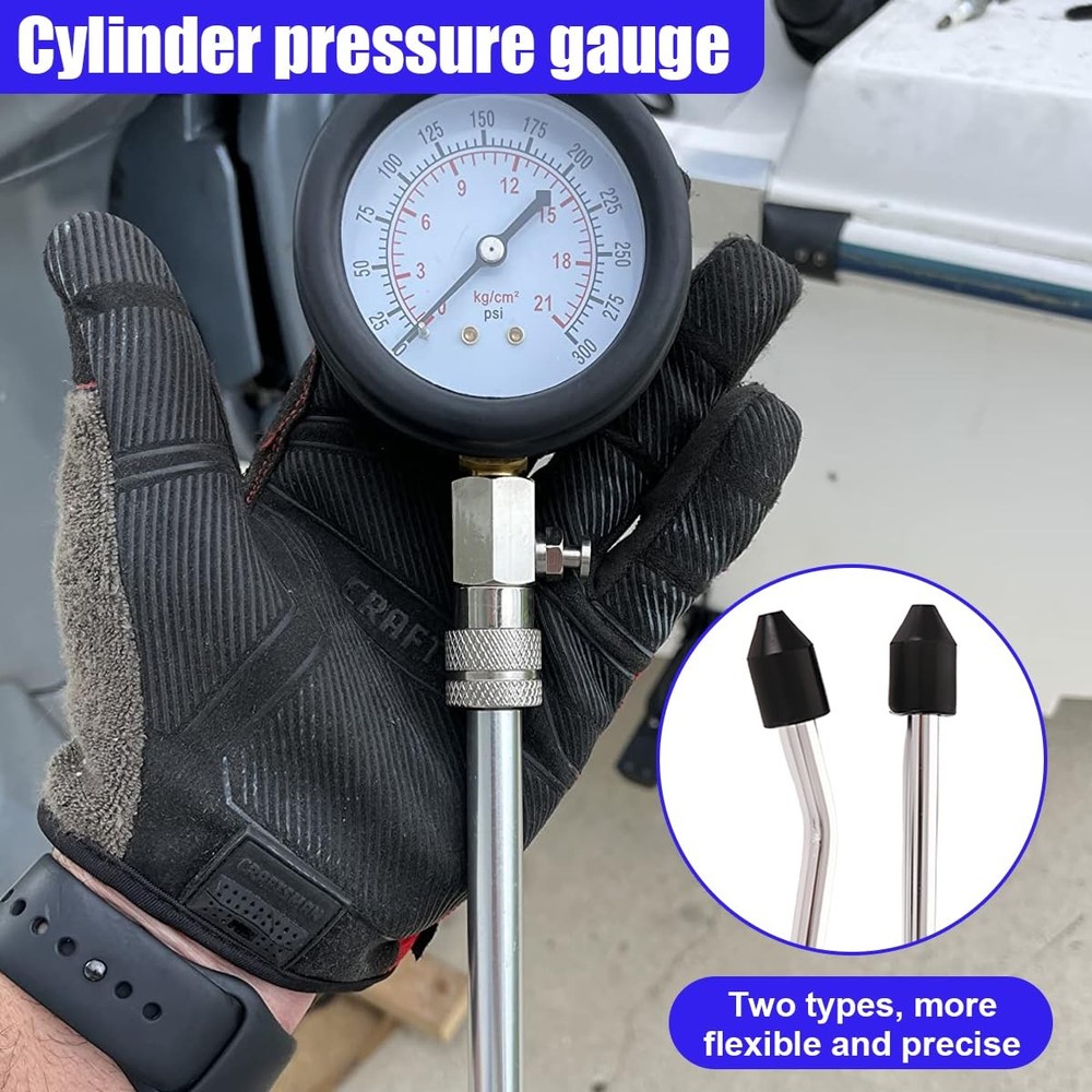 9PCS Engine Compression Tester Kit with Spark Plug Gauge, 0300 PSI