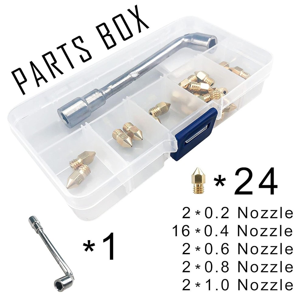Complete 24-Piece MK8 Brass 3D Printer Nozzle Set - Easy Identification & Tools