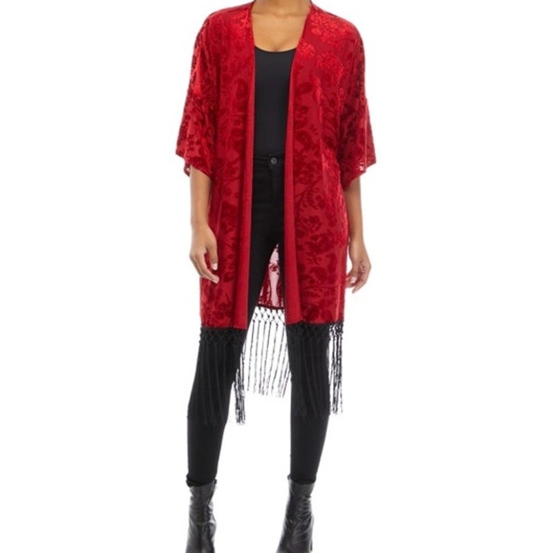 Gypsies & Moondust Red Velvet Burnout Kimono Black Fringe Medium