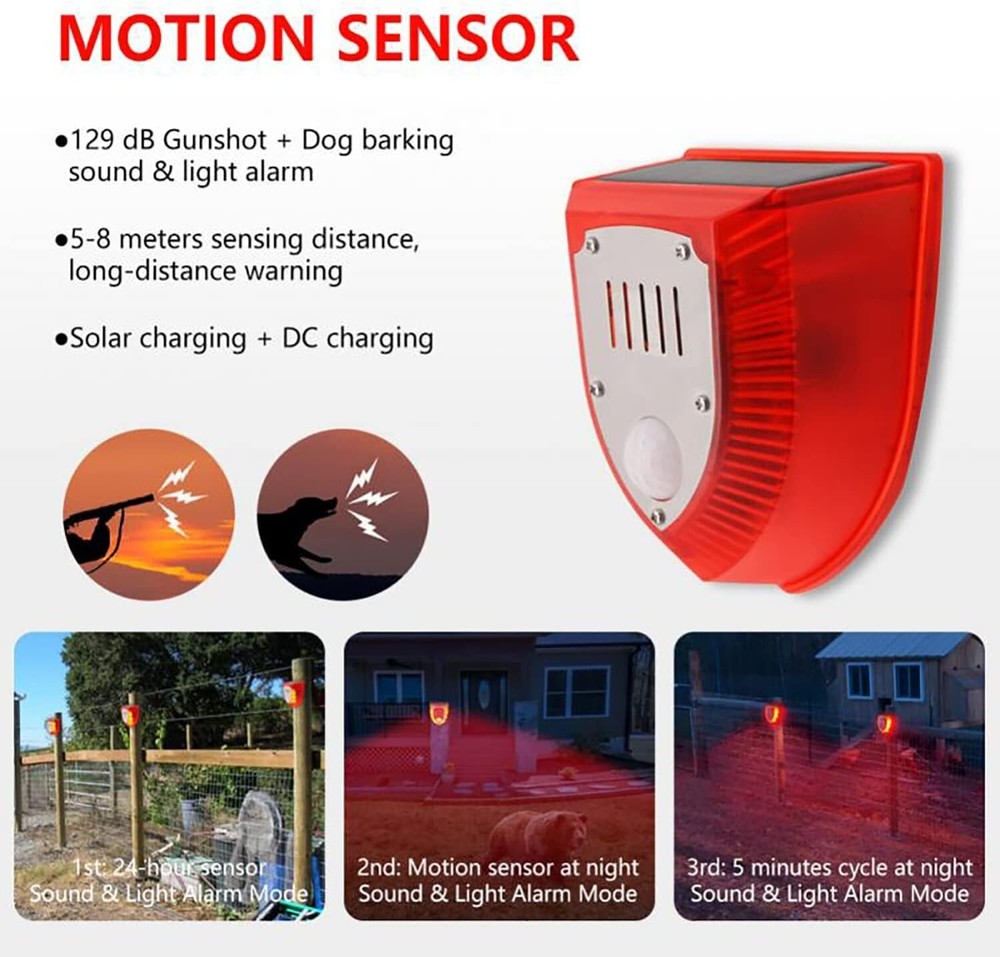 Solar Alarm LED Light Solar Strobe Light Wireless Motion Sensor Detector Outdoor