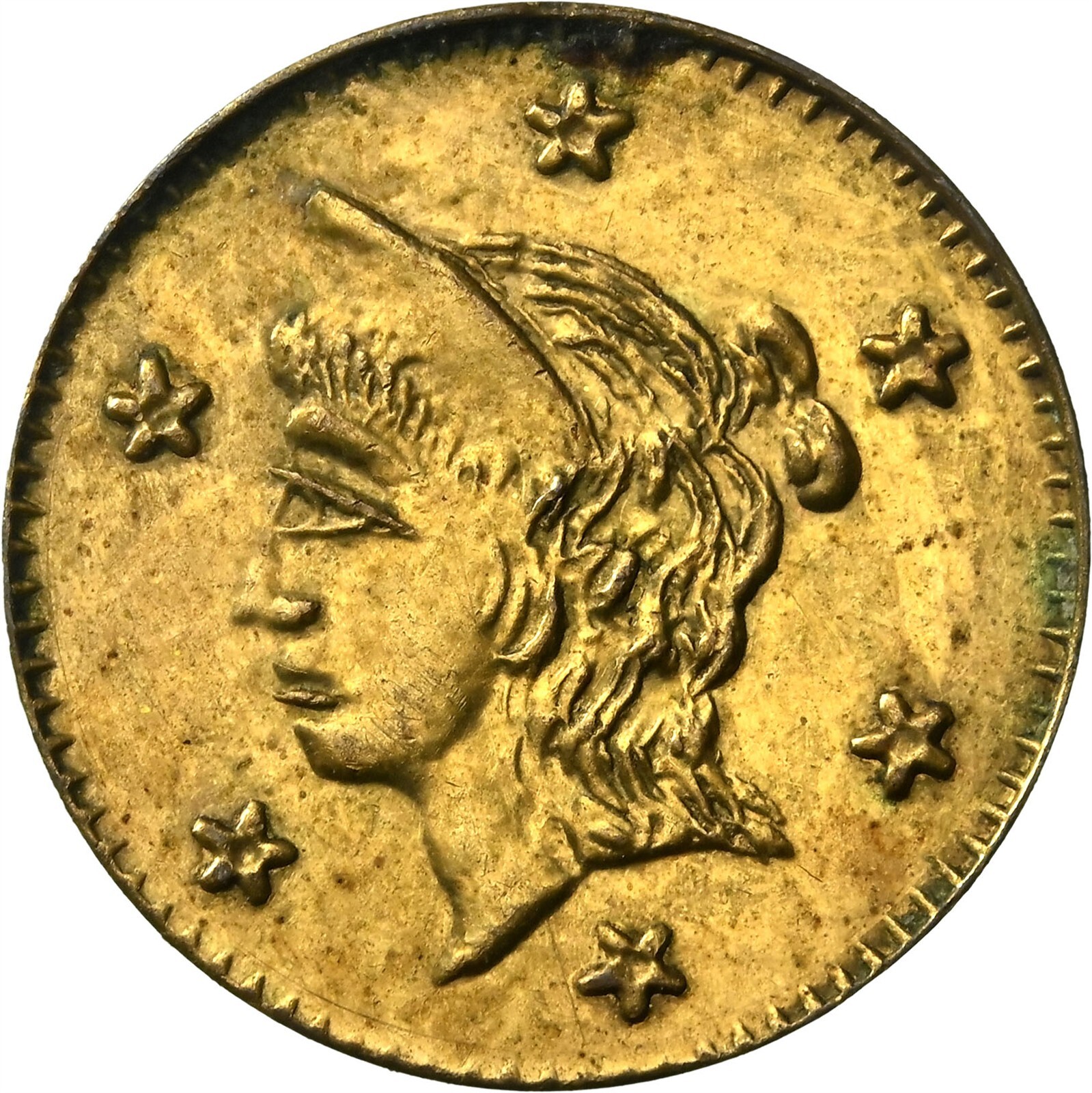 1858 CALIFORNIA FRACTIONAL GOLD LIBERTY, ROUND, 9.8mm / NGC UNC