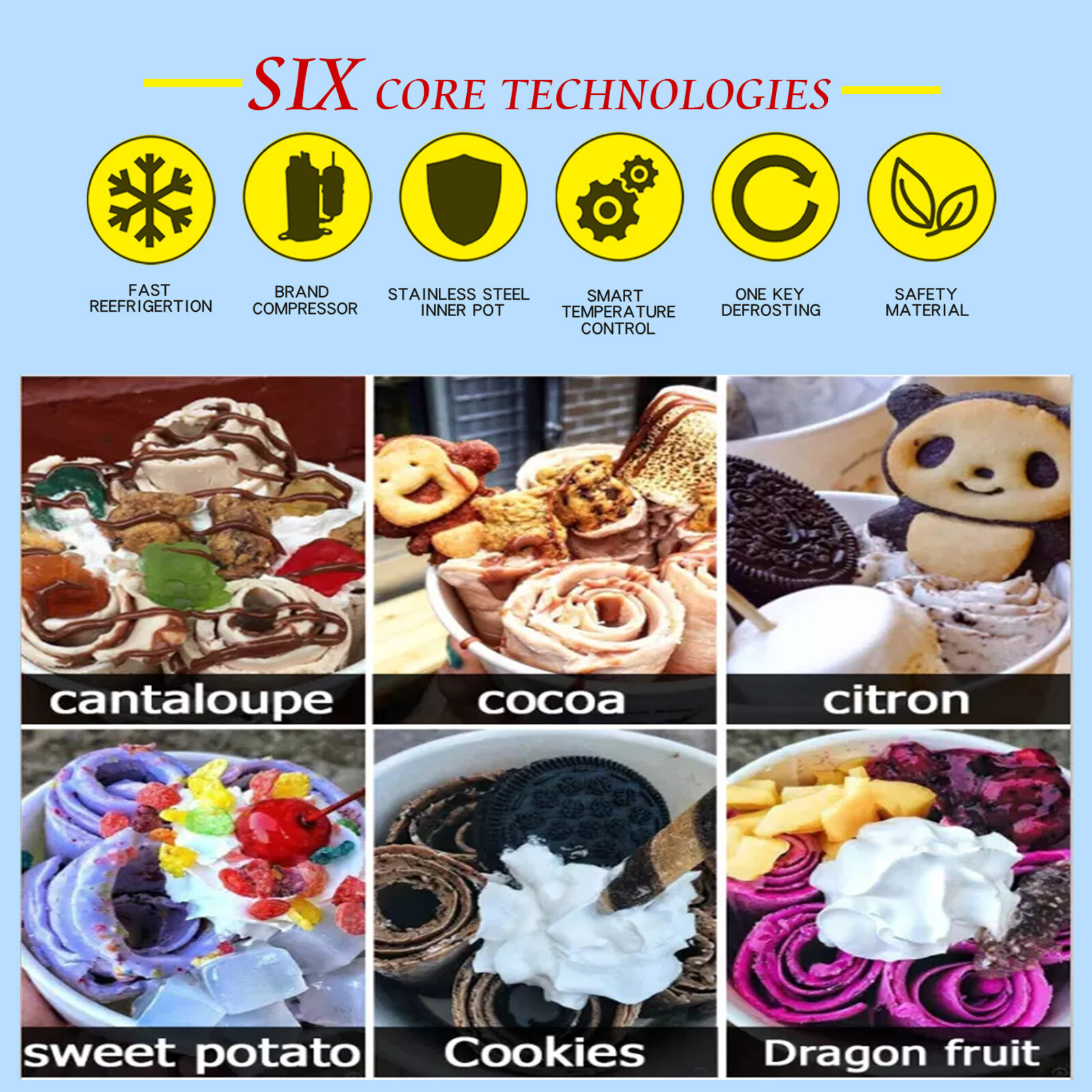 Commercial fried ice cream roll machine single pan with 6pcs refrigerated tanks