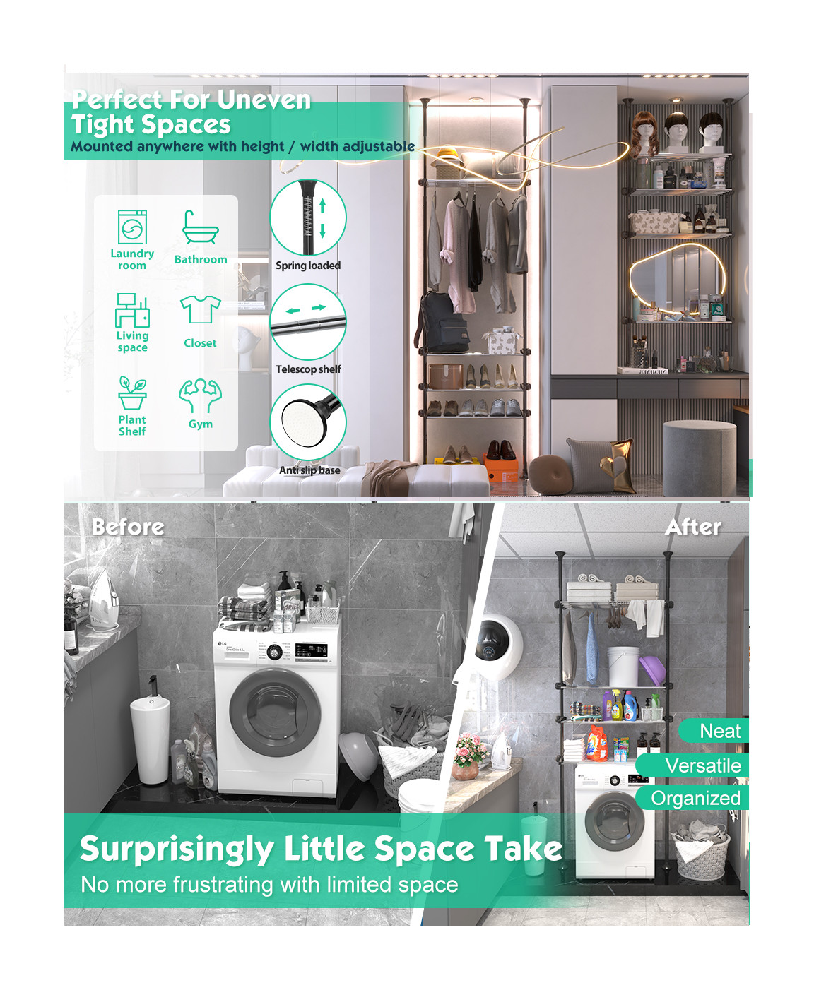 4-Tiers- 97 to 116" Adjust Tension Pole room Toilet Organizer Shelves Rack Black