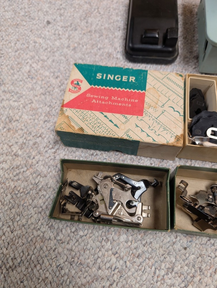 SINGER 338 Sewing Machine Blue With Attachments. Working