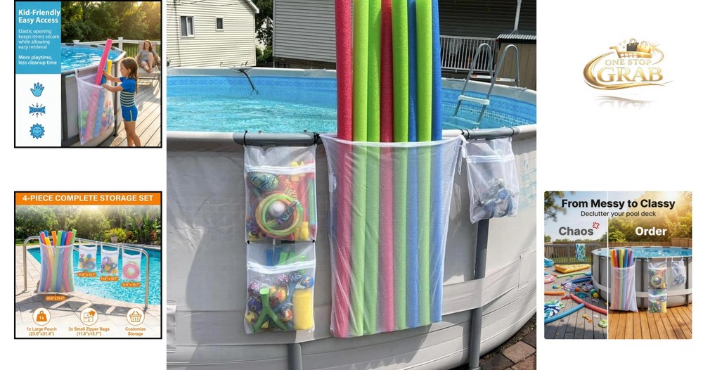 Poolside Mesh Storage Bags 4-Pack Toy Noodle Float Organization Durable Polye...