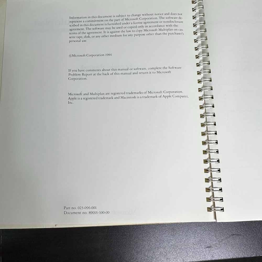 1984 Microsoft MULTIPLAN Manual Spreadsheet Macintosh 128K Vintage Computing
