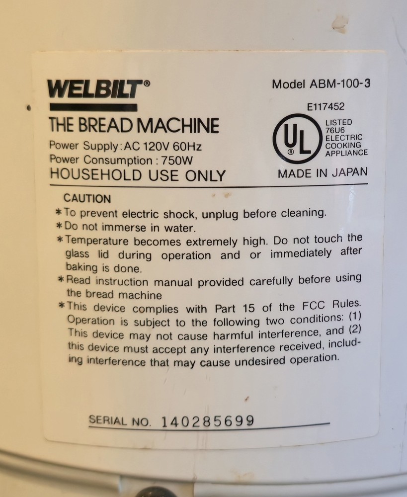 Welbilt The Bread Machine Model ABM-100-3 Bread Maker. No Instructions.