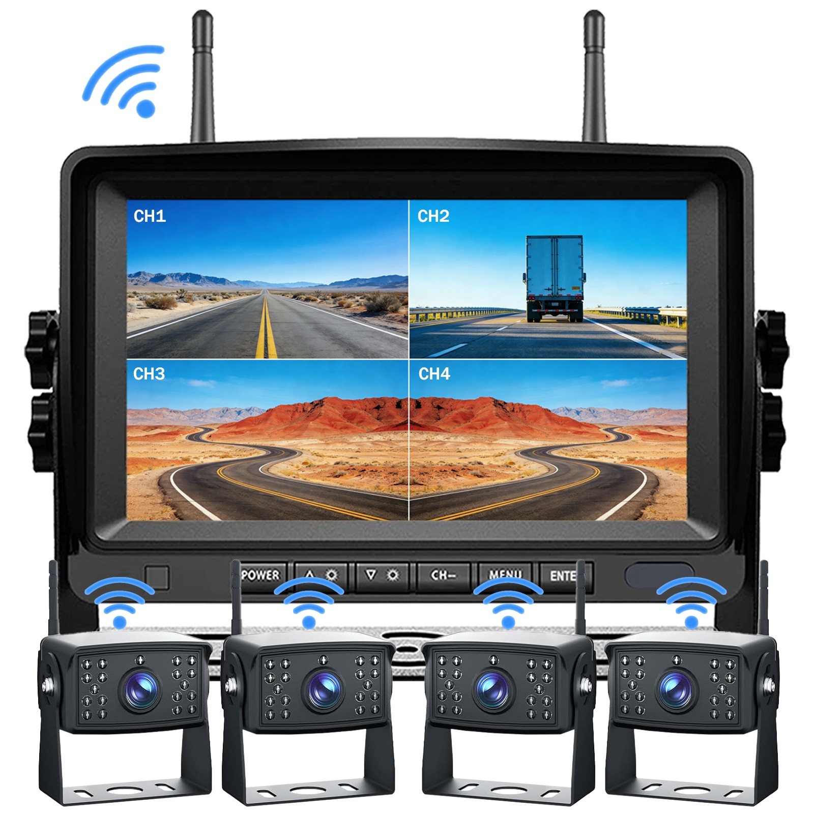 7" 1080P Wireless Backup Camera System with DVR & BSD, Quad Screen for Truck, RV